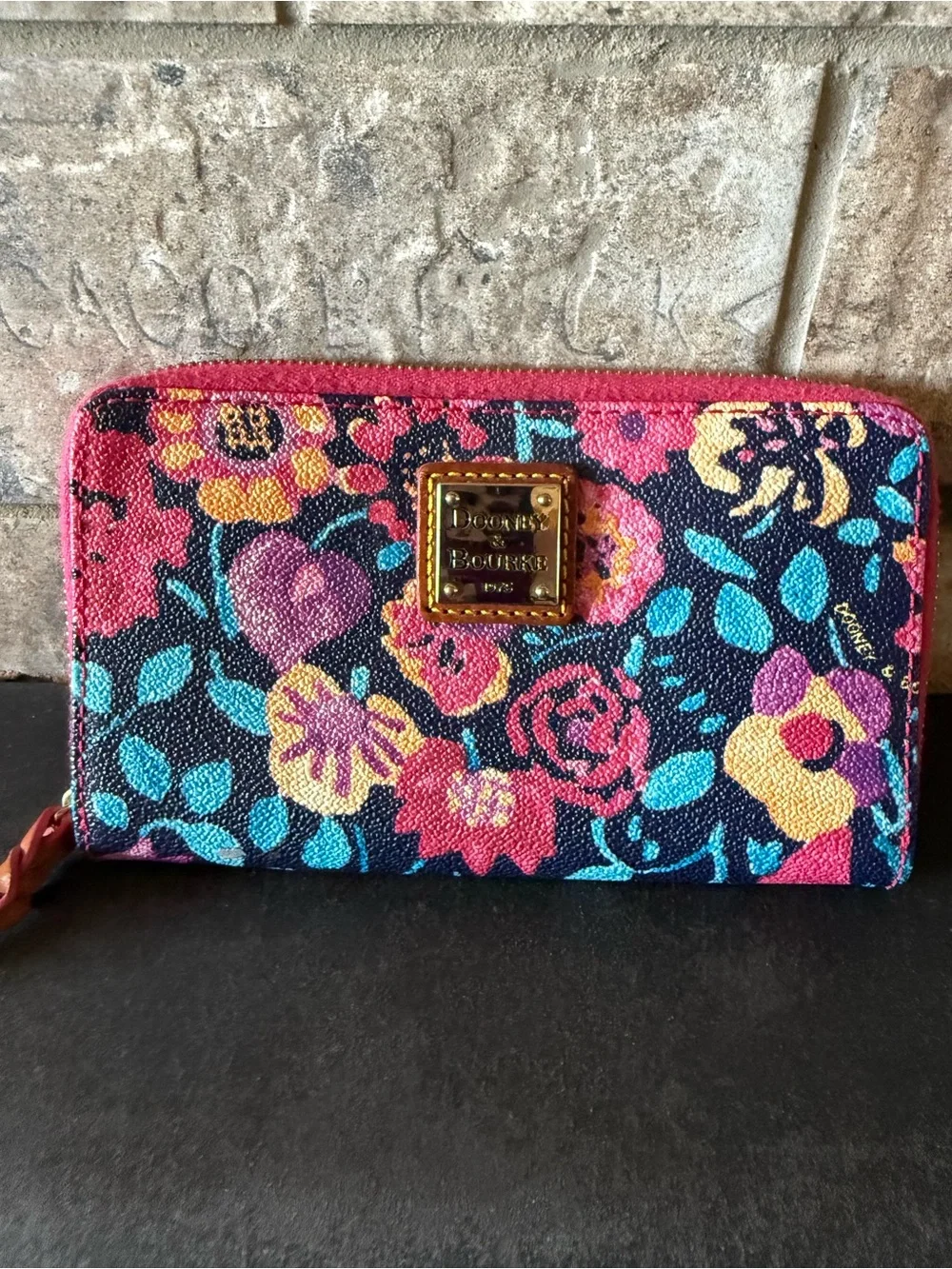 Dooney & Bourke Navy Floral Satchel with Magenta Trim